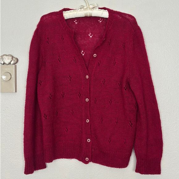 Gorgeous Handmade Knit Berry Red Wool Cardigan Pointelle Fits like Medium - Picture 3 of 10